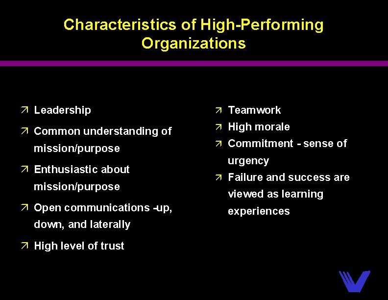 Characteristics of High-Performing Organizations ä Leadership ä Teamwork ä Common understanding of ä High