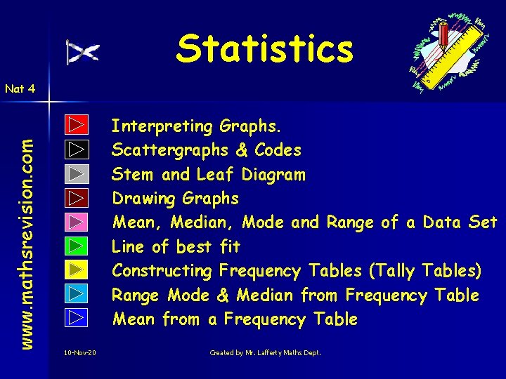 Statistics www. mathsrevision. com Nat 4 Interpreting Graphs. Scattergraphs & Codes Stem and Leaf