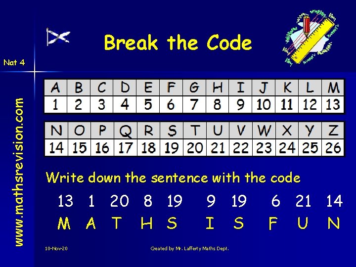 Break the Code www. mathsrevision. com Nat 4 Write down the sentence with the