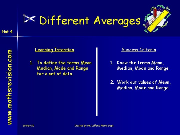 Different Averages www. mathsrevision. com Nat 4 Learning Intention Success Criteria 1. To define