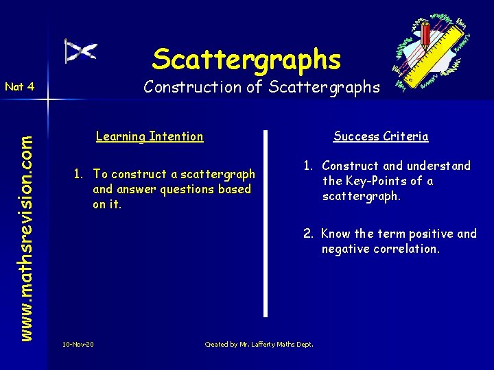 Scattergraphs Construction of Scattergraphs www. mathsrevision. com Nat 4 Learning Intention Success Criteria 1.