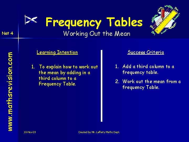 Frequency Tables Working Out the Mean www. mathsrevision. com Nat 4 Learning Intention Success