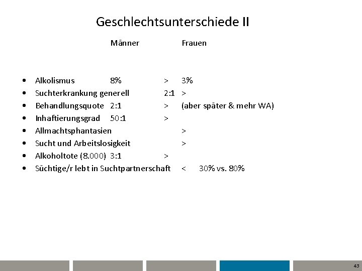 Geschlechtsunterschiede II Männer • • Alkolismus 8% > Suchterkrankung generell 2: 1 Behandlungsquote 2: