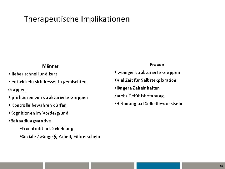 Therapeutische Implikationen Männer • lieber schnell und kurz • entwickeln sich besser in gemischten