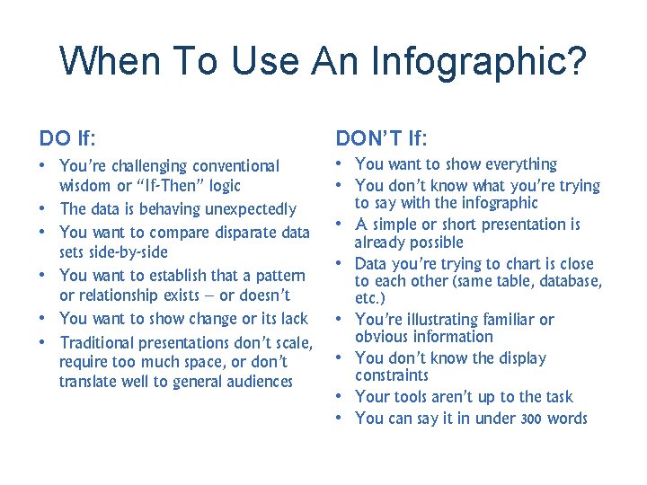 When To Use An Infographic? DO If: DON’T If: • You’re challenging conventional wisdom