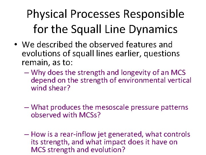 Physical Processes Responsible for the Squall Line Dynamics • We described the observed features