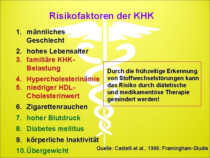 Risikofaktoren der KHK 1. männliches Geschlecht 2. hohes Lebensalter 3. familiäre KHKBelastung 4. Hypercholesterinämie