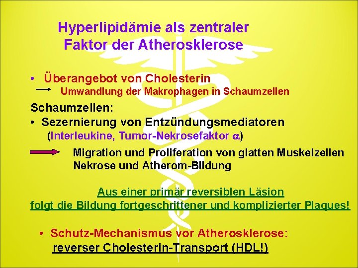 Hyperlipidämie als zentraler Faktor der Atherosklerose • Überangebot von Cholesterin Umwandlung der Makrophagen in