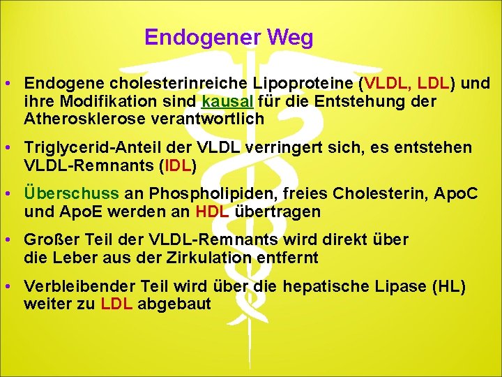 Endogener Weg • Endogene cholesterinreiche Lipoproteine (VLDL, LDL) und ihre Modifikation sind kausal für