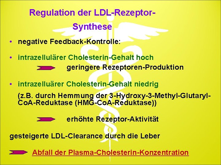 Regulation der LDL-Rezeptor. Synthese • negative Feedback-Kontrolle: • intrazellulärer Cholesterin-Gehalt hoch geringere Rezeptoren-Produktion •