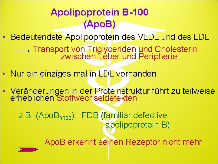 Apolipoprotein B-100 (Apo. B) • Bedeutendste Apolipoprotein des VLDL und des LDL Transport von