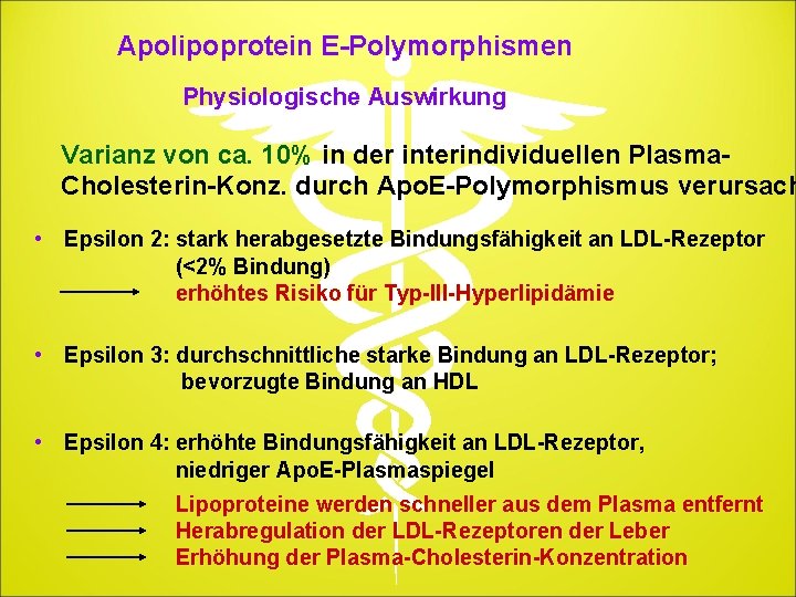 Apolipoprotein E-Polymorphismen Physiologische Auswirkung Varianz von ca. 10% in der interindividuellen Plasma. Cholesterin-Konz. durch