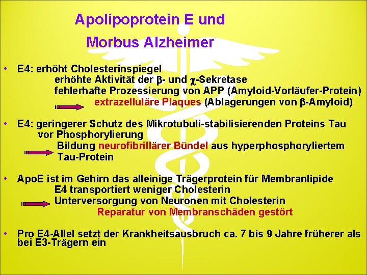 Apolipoprotein E und Morbus Alzheimer • E 4: erhöht Cholesterinspiegel erhöhte Aktivität der b-