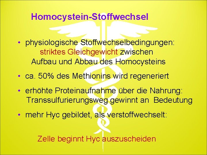 Homocystein-Stoffwechsel • physiologische Stoffwechselbedingungen: striktes Gleichgewicht zwischen Aufbau und Abbau des Homocysteins • ca.
