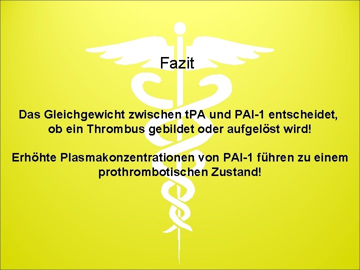 Fazit Das Gleichgewicht zwischen t. PA und PAI-1 entscheidet, ob ein Thrombus gebildet oder