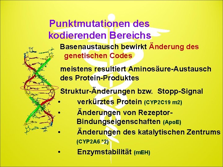 Punktmutationen des kodierenden Bereichs Basenaustausch bewirkt Änderung des genetischen Codes meistens resultiert Aminosäure-Austausch des