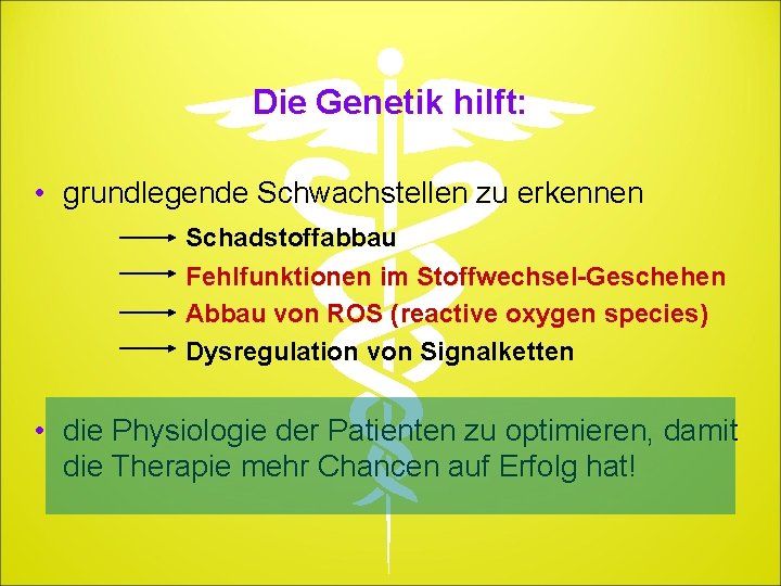 Die Genetik hilft: • grundlegende Schwachstellen zu erkennen Schadstoffabbau Fehlfunktionen im Stoffwechsel-Geschehen Abbau von