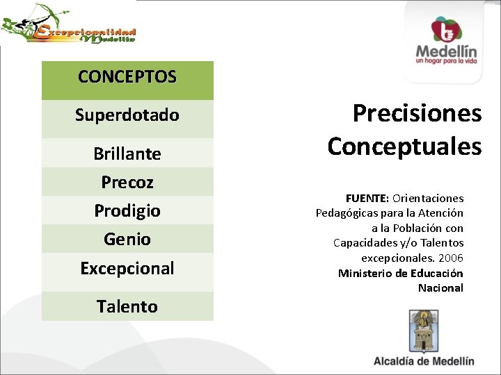 CONCEPTOS Superdotado Brillante Precoz Prodigio Genio Excepcional Talento Precisiones Conceptuales FUENTE: Orientaciones Pedagógicas para