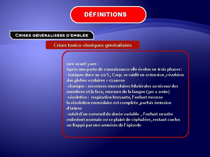 DÉFINITIONS Crises généralisées d’emblée Crises tonico-cloniques généralisées rare avant 3 ans : Apres une