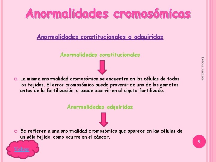 Anormalidades cromosómicas Anormalidades constitucionales o adquiridas Débora Andrade Anormalidades constitucionales La misma anormalidad cromosómica