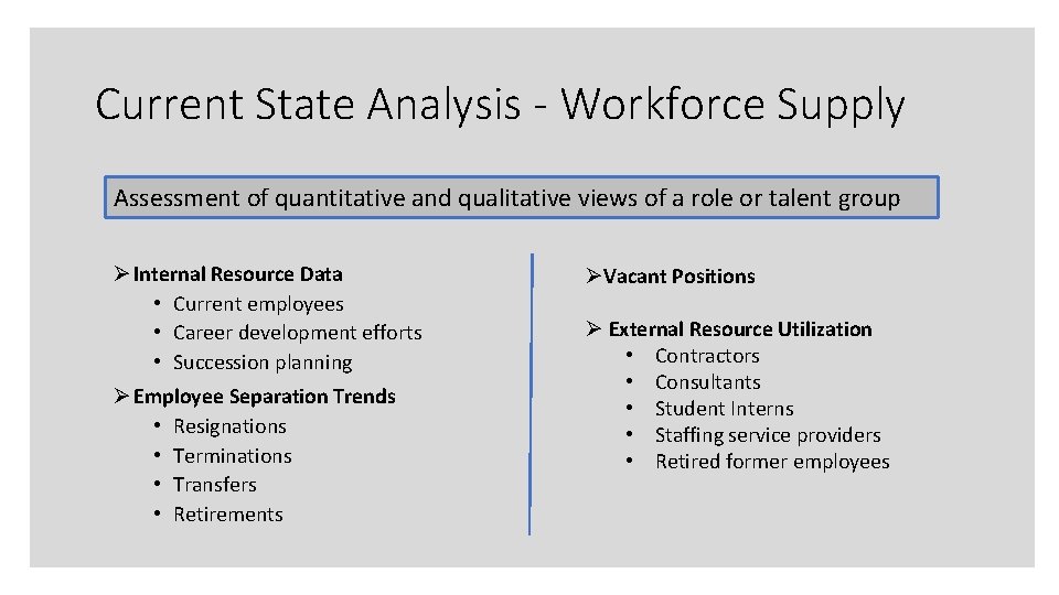 Current State Analysis - Workforce Supply Assessment of quantitative and qualitative views of a