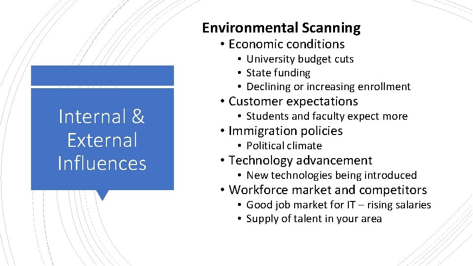 Environmental Scanning • Economic conditions • University budget cuts • State funding • Declining