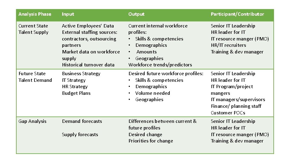 Analysis Phase Input Output Participant/Contributor Current State Talent Supply Active Employees’ Data External staffing
