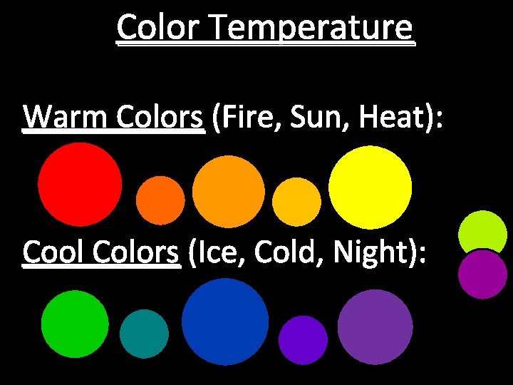 Color Temperature Warm Colors (Fire, Sun, Heat): Cool Colors (Ice, Cold, Night): 