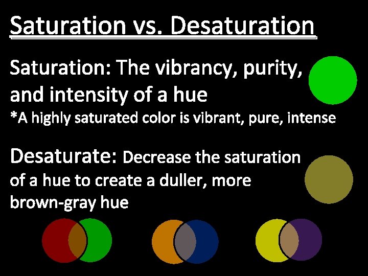 Saturation vs. Desaturation Saturation: The vibrancy, purity, and intensity of a hue *A highly