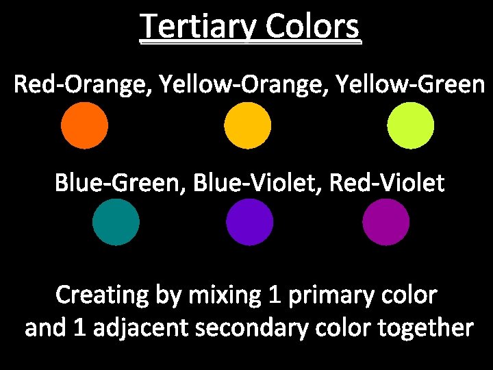 Tertiary Colors Red-Orange, Yellow-Green Blue-Green, Blue-Violet, Red-Violet Creating by mixing 1 primary color and