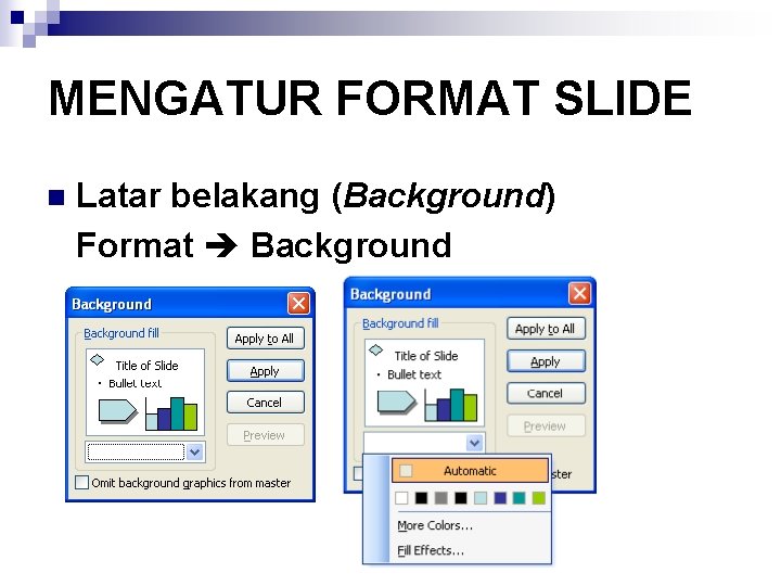 MENGATUR FORMAT SLIDE n Latar belakang (Background) Format Background 