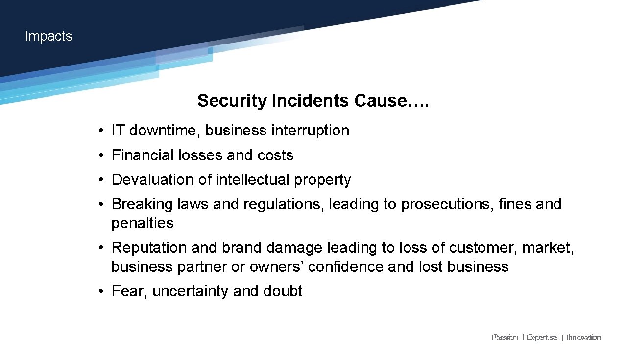 Impacts Security Incidents Cause…. • IT downtime, business interruption • Financial losses and costs Impacts Security Incidents Cause…. • IT downtime, business interruption • Financial losses and costs