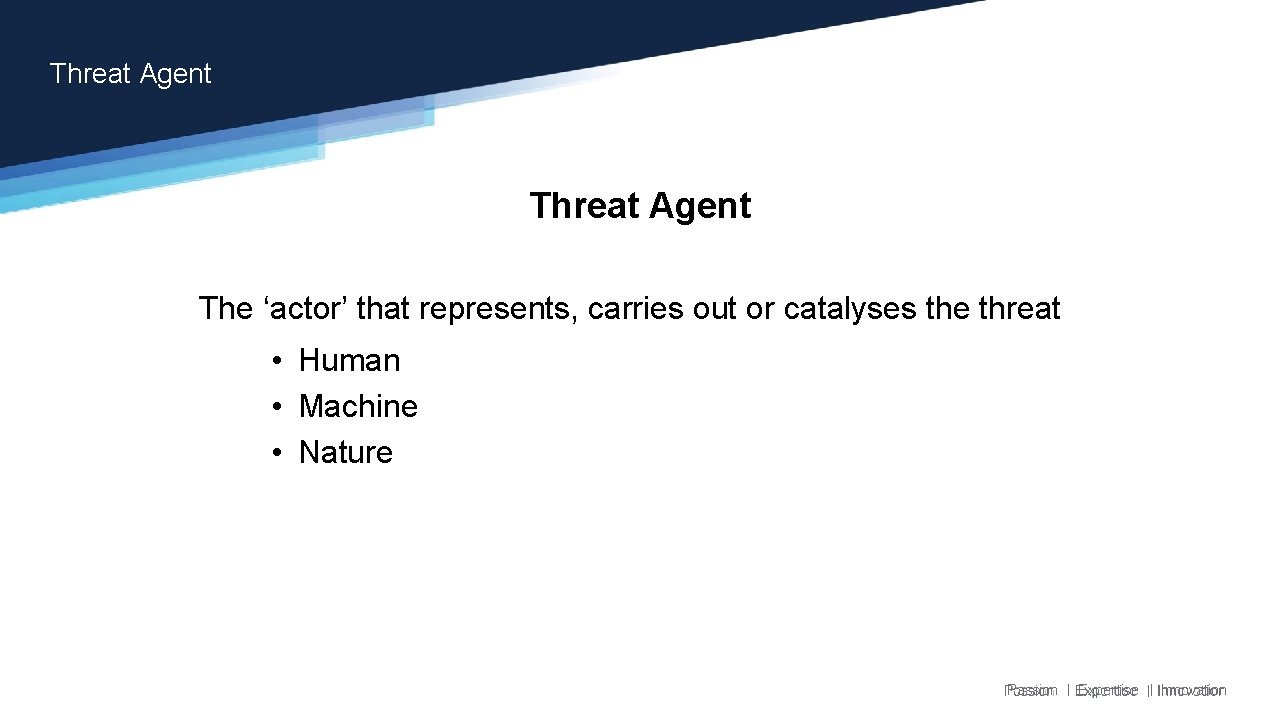 Threat Agent The ‘actor’ that represents, carries out or catalyses the threat • Human Threat Agent The ‘actor’ that represents, carries out or catalyses the threat • Human