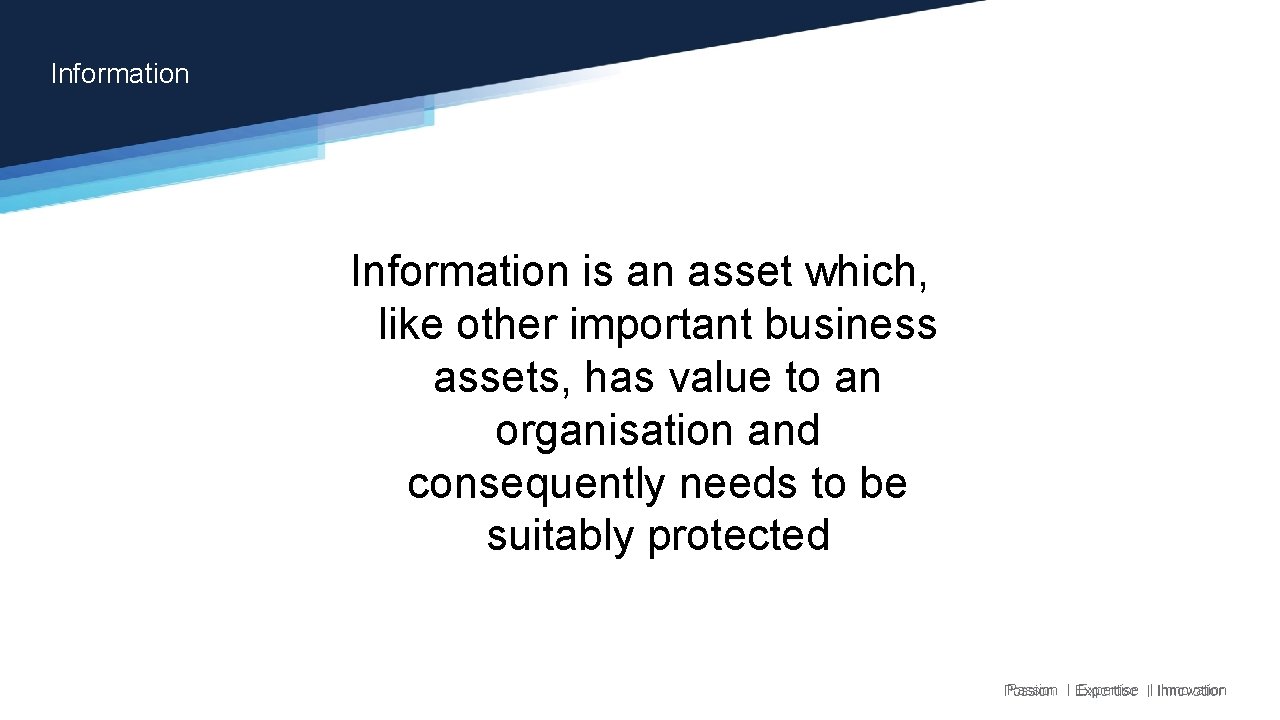 Information is an asset which, like other important business assets, has value to an Information is an asset which, like other important business assets, has value to an