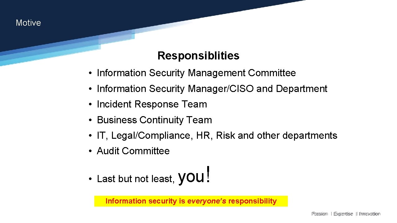 Motive Responsiblities • Information Security Management Committee • Information Security Manager/CISO and Department • Motive Responsiblities • Information Security Management Committee • Information Security Manager/CISO and Department •
