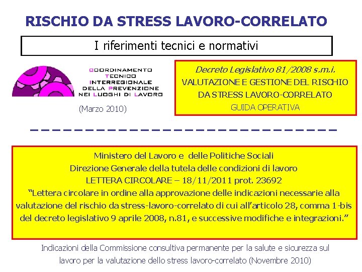 RISCHIO DA STRESS LAVORO-CORRELATO I riferimenti tecnici e normativi Decreto Legislativo 81/2008 s. m.