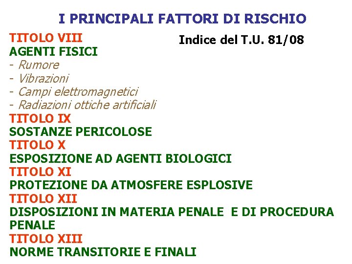 I PRINCIPALI FATTORI DI RISCHIO TITOLO VIII Indice del T. U. 81/08 AGENTI FISICI