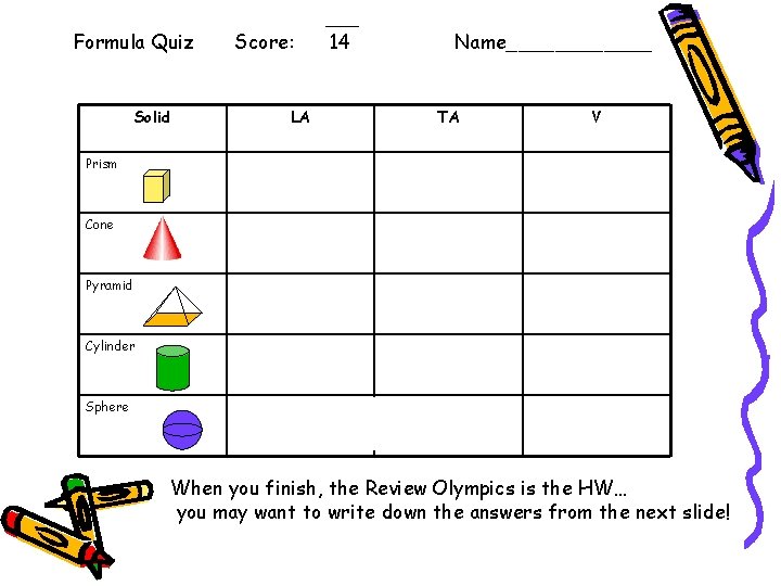 Formula Quiz Solid Score: LA 14 Name______ TA V Prism Cone Pyramid Cylinder Sphere