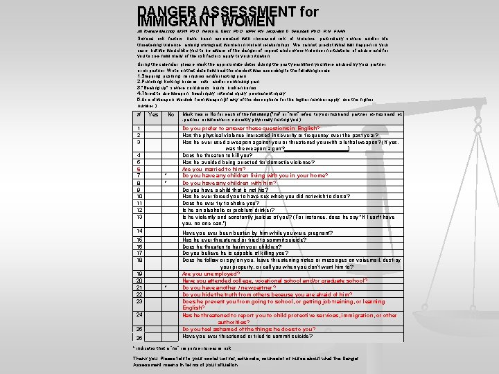 DANGER ASSESSMENT for IMMIGRANT WOMEN Jill Theresa Messing, MSW, Ph. D. , Nancy E.