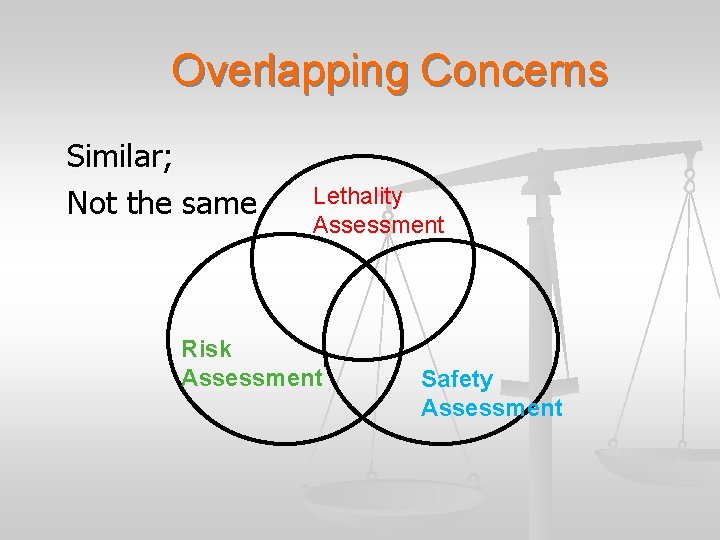 Overlapping Concerns Similar; Not the same Lethality Assessment Risk Assessment Safety Assessment 