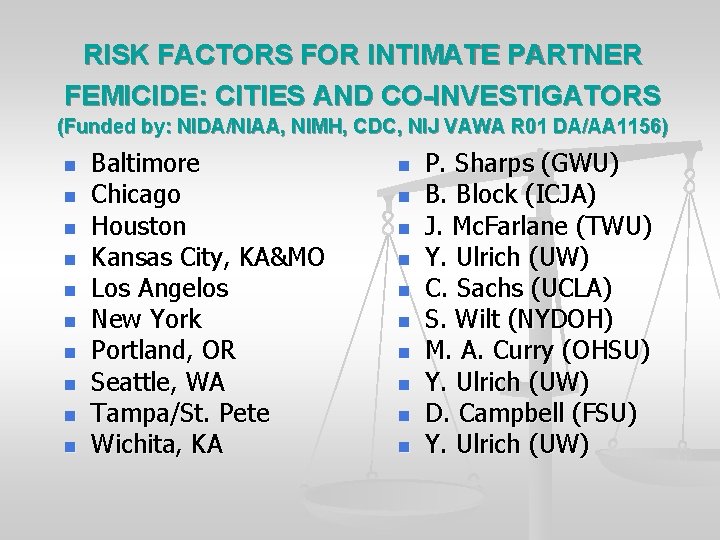 RISK FACTORS FOR INTIMATE PARTNER FEMICIDE: CITIES AND CO-INVESTIGATORS (Funded by: NIDA/NIAA, NIMH, CDC,