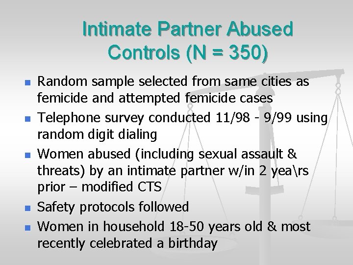 Intimate Partner Abused Controls (N = 350) n n n Random sample selected from