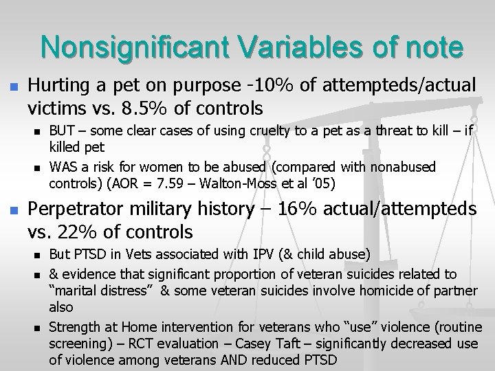 Nonsignificant Variables of note n Hurting a pet on purpose -10% of attempteds/actual victims