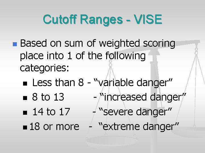 Cutoff Ranges - VISE n Based on sum of weighted scoring place into 1