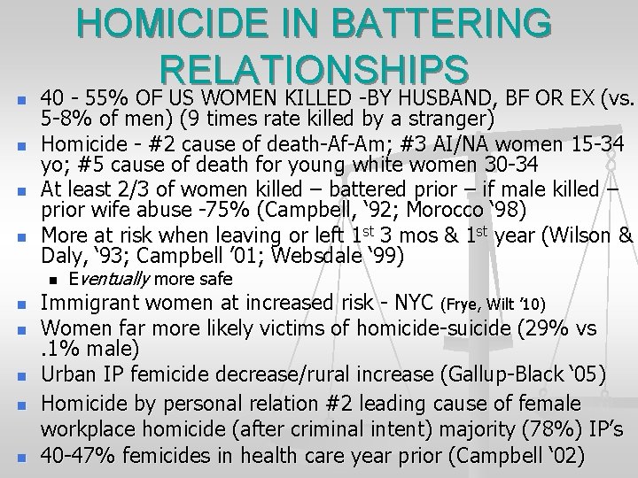n n HOMICIDE IN BATTERING RELATIONSHIPS 40 - 55% OF US WOMEN KILLED -BY