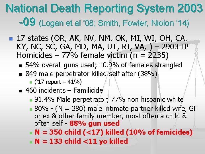 National Death Reporting System 2003 -09 (Logan et al ’ 08; Smith, Fowler, Niolon