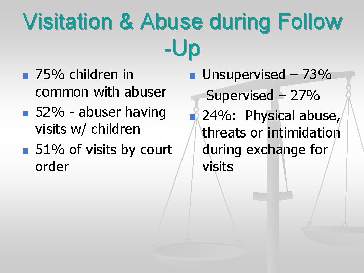 Visitation & Abuse during Follow -Up n n n 75% children in common with