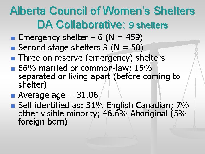 Alberta Council of Women’s Shelters DA Collaborative: 9 shelters n n n Emergency shelter