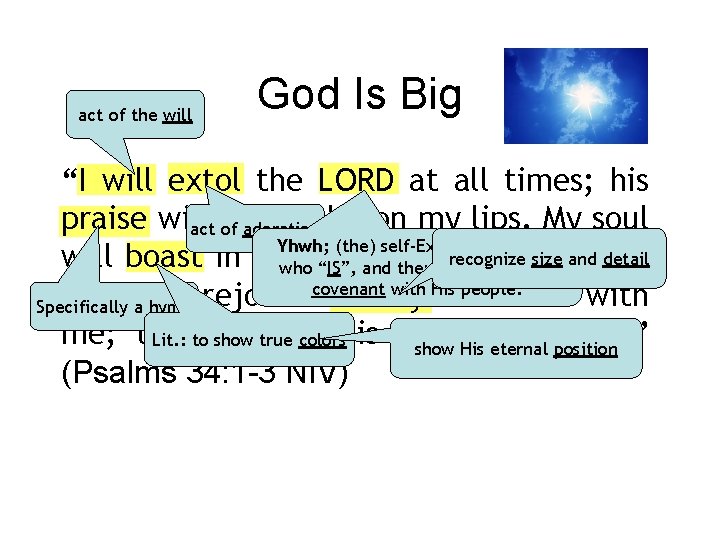 act of the will God Is Big “I will extol the LORD at all