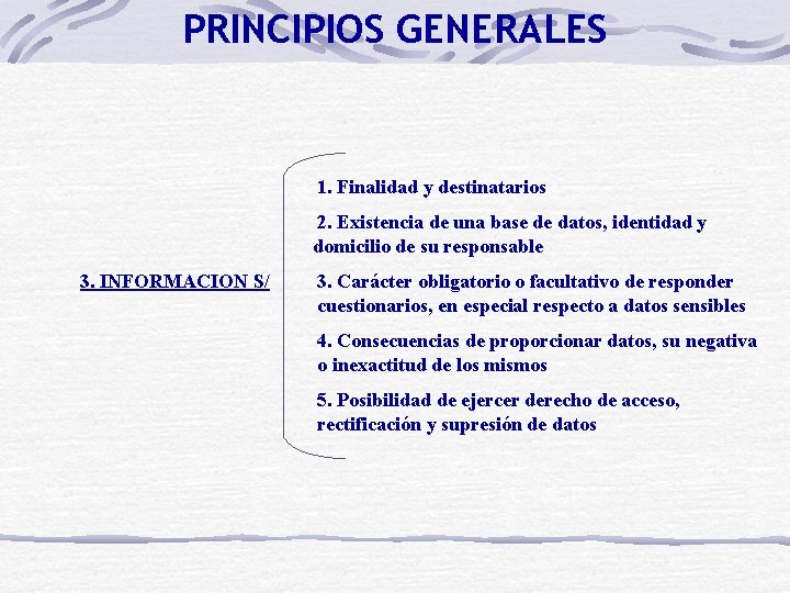 PRINCIPIOS GENERALES 1. Finalidad y destinatarios 2. Existencia de una base de datos, identidad